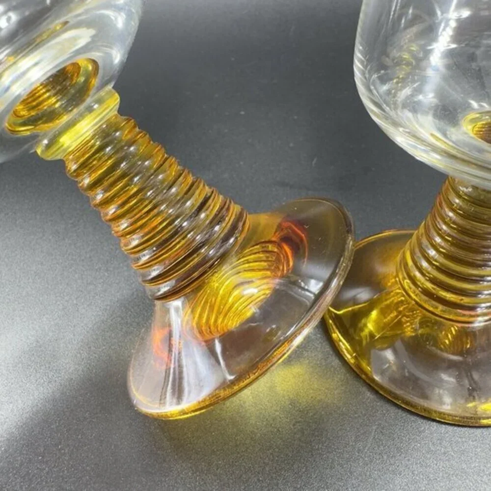 Vintage Roemer Glasses Cups Beehive Stems Glasses Set 2 Flashed‎ Amber Glass VTG